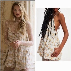 Free People Chiara playsuit romper Cream and Gold Floral Dress- size Small - NEW